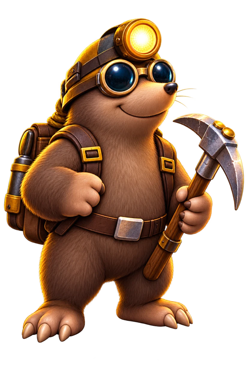 Mole Miner mascot holding a pickaxe